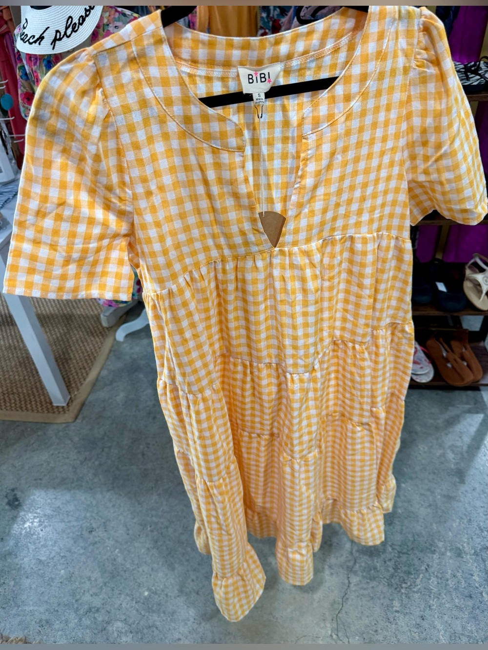 BiBi Yellow Gingham Tiered Dress